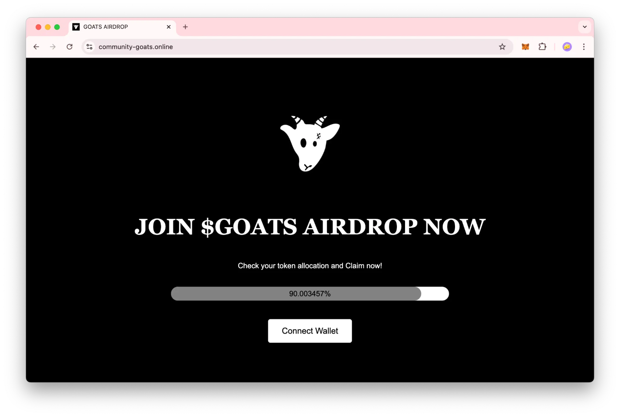 Example of a Free Airdrop Scam Site, urging users to quickly connect their wallets.