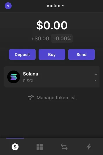 Solana Explorer showing the victim&#x27;s wallet balance reduced to zero&#x60;
