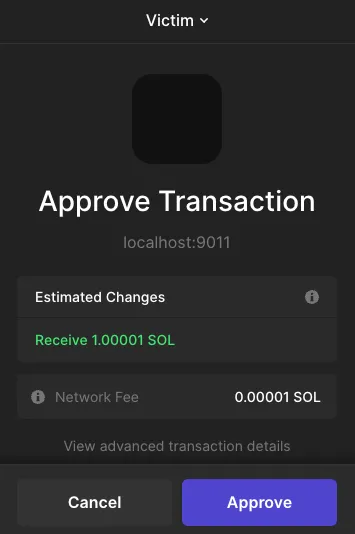 Phantom wallet interface showing transaction approval with 1 SOL transfer