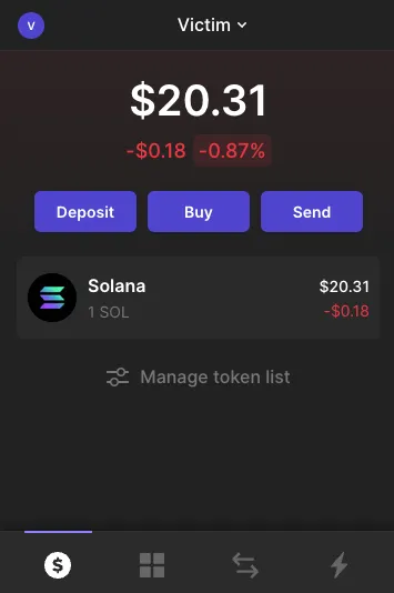 Phantom wallet interface showing successful receipt of 1 SOL