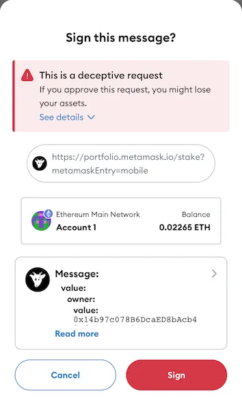 Mobile wallet displays a malicious spending approval request