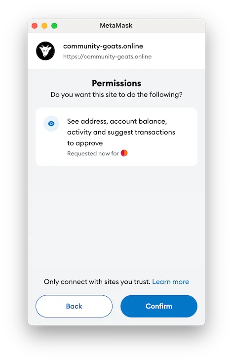 Wallet explaining the permissions being requested by the dApp, including access to address, balance, activity, and submit transactions for approval